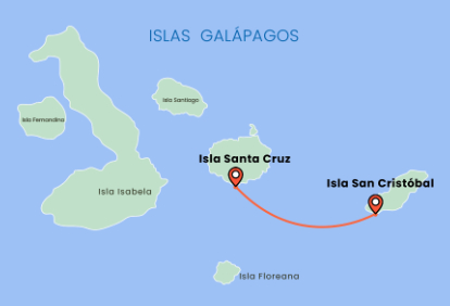 Mapa de Galápagos con la ruta de ferry desde la isla Santa Cruz a Cristóbal