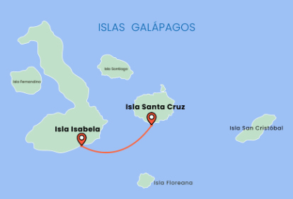 Mapa de Galápagos con la ruta de ferry desde la isla Santa Cruz a la isla Isabela
